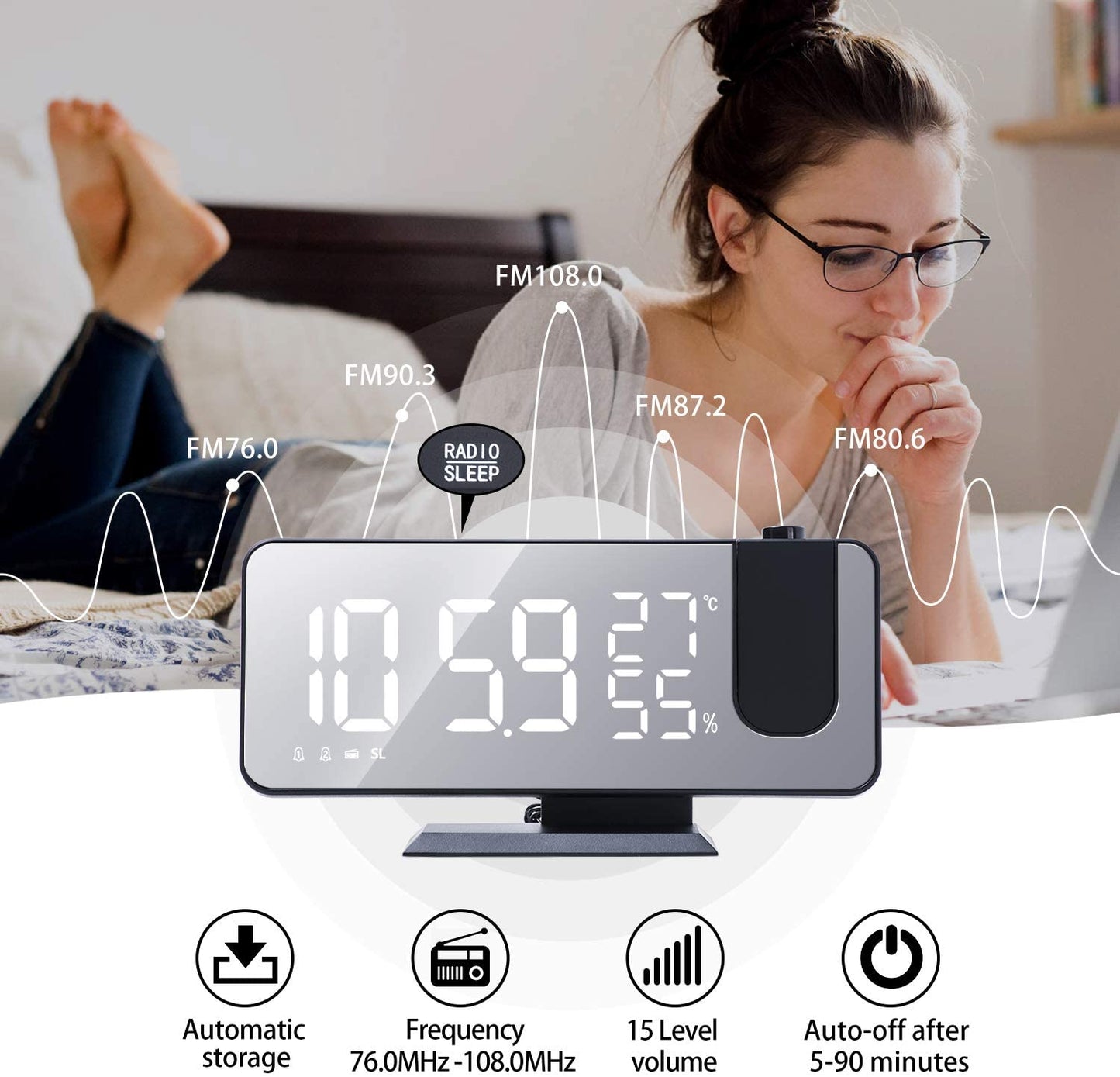 LED Projection Digital Alarm Clock With Phone Charger