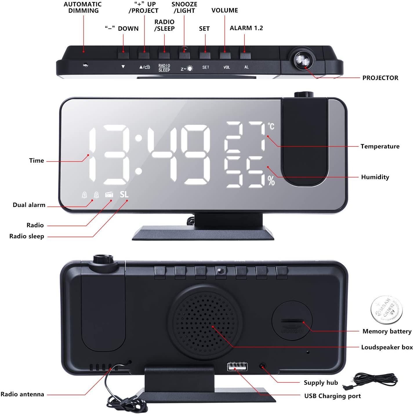 LED Projection Digital Alarm Clock With Phone Charger