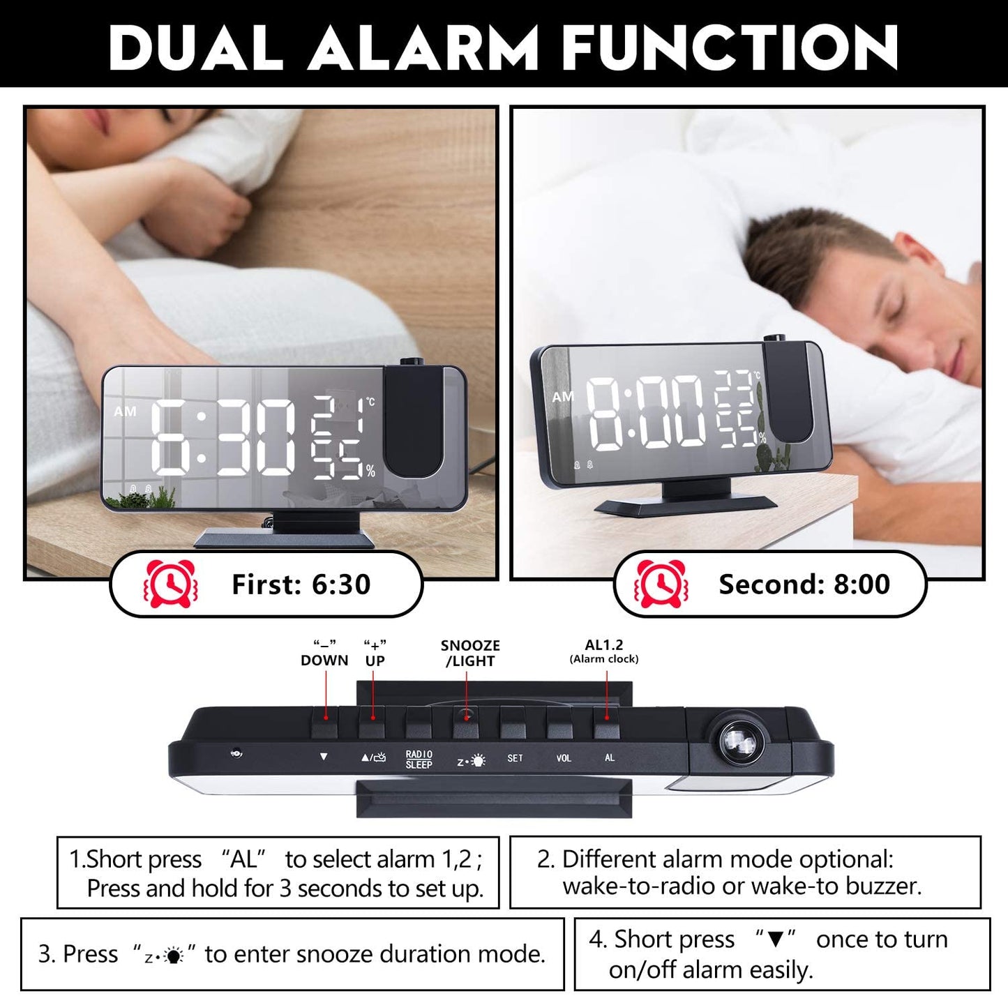 LED Projection Digital Alarm Clock With Phone Charger