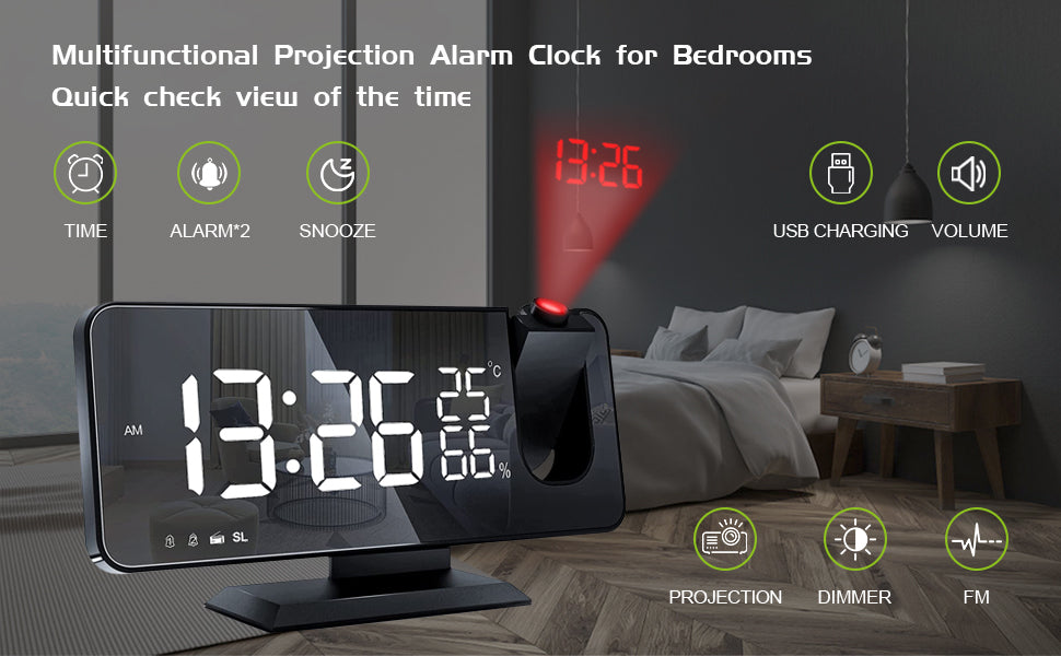 LED Projection Digital Alarm Clock With Phone Charger